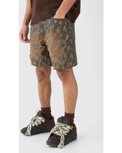 BoohooMAN Relaxed Rigid Burnout Rip Denim Shorts In Antique Wash - Green