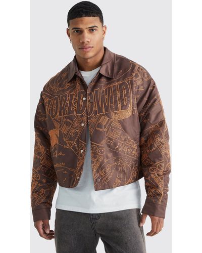 BoohooMAN Boxy Nylon All Over Embroidery Bomber Jacket - Brown