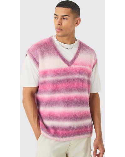 BoohooMAN Regular Knitted Brushed Stripe V Neck Tank In Pink