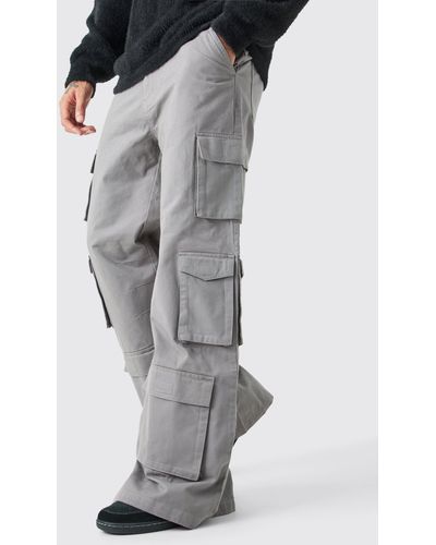 BoohooMAN Extreme Baggy Rigid Multi Cargo Pocket Trousers - Grau