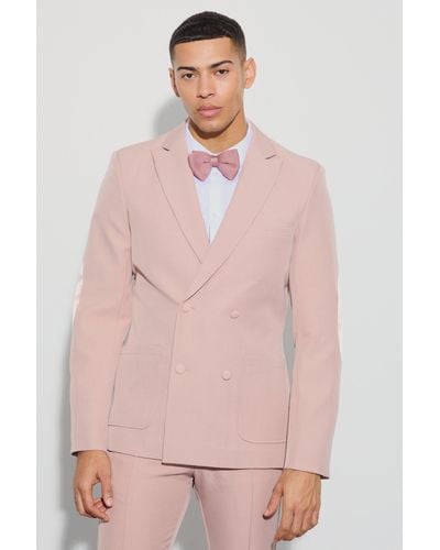 BoohooMAN Textured Double Breasted Elbow Patch Blazer - Pink