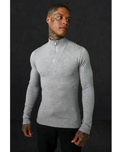 BoohooMAN Recycelter Muscle-Pullover mit Trichterkragen und Reißverschluss - Grau