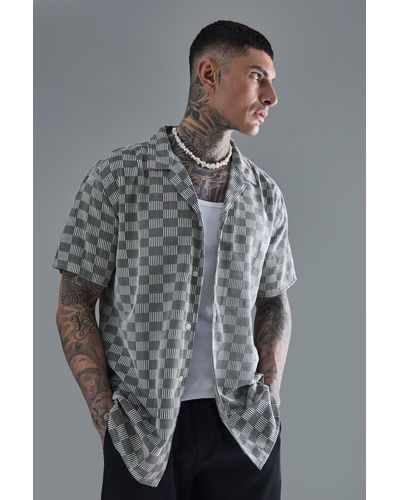 BoohooMAN Tall Short Sleeve Oversized Revere Open Weave Shirt - Grau