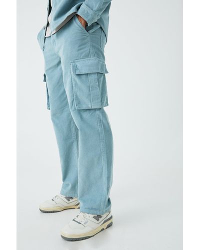 BoohooMAN Relaxed Cargo Cord Pants In Slate - Blue