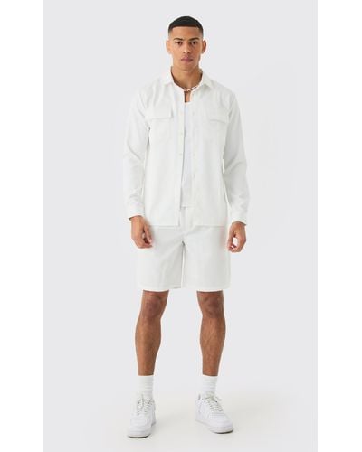 BoohooMAN Soft Twill Overshirt And Short Set - Weiß