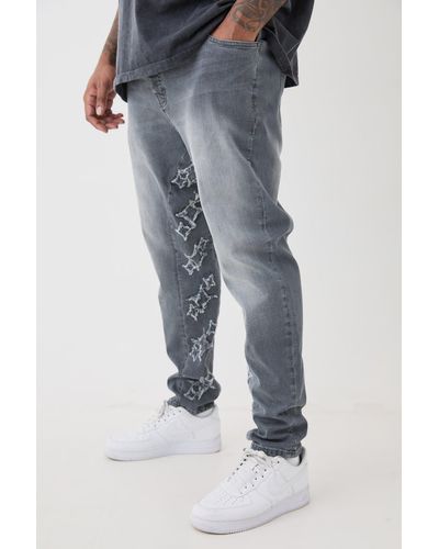 BoohooMAN Plus Skinny Stretch Overdyed Applique Gusset Jeans - Blue