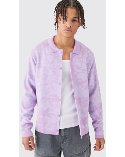 BoohooMAN Long Sleeve Palm Patterned Knitted Shirt In Lilac - Purple