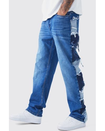 BoohooMAN Tall lockere Patchwork Jeans mit Seitenstreifen - Blau