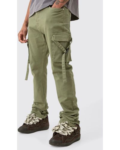 BoohooMAN Tall Fixed Waist Slim Stacked Flare Strap Cargo Trousers - Green
