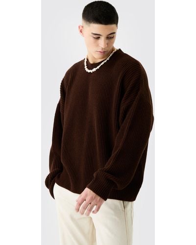 BoohooMAN Boxy Crew Neck Ribbed Knitted Jumper - Brown