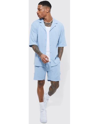 BoohooMAN Double Knit Jersey Texture Short Sleeve Shirt And Short - Blue