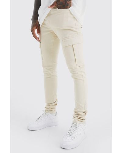 BoohooMAN Fixed Waist Skinny Stacked Cargo Trouser - White