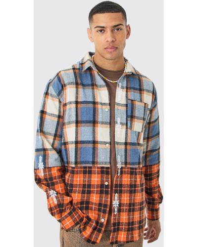 BoohooMAN Oversized Flannel Splice Printed Placket Shirt - Blue