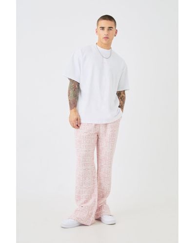 BoohooMAN Man Oversized Extended Neck T-shirt & Jacquard Jogger Set - Pink