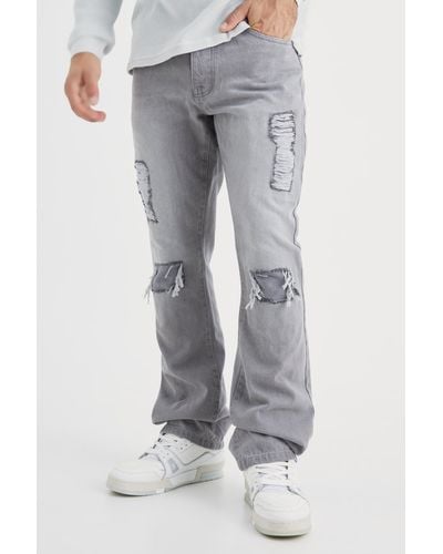 BoohooMAN Slim Flare Rip And Repair Jeans - Gray