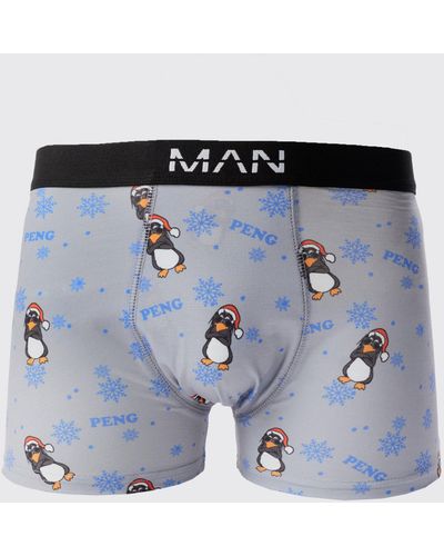 BoohooMAN Boxershorts mit Weihnachts Pinguin-Print - Blau