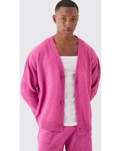 Boohoo Boxy Brushed Knit Cardigan In Dark Pink