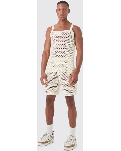 BoohooMAN Muscle Fit Knitted Tank Short Set - White
