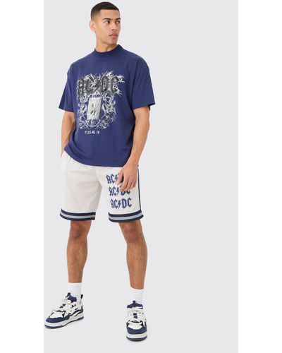 Boohoo Oversized Acdc License T-Shirt And Mesh Short Set - Azul