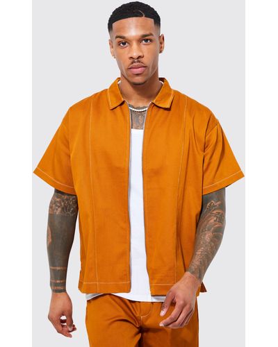 BoohooMAN Short Sleeve Boxy Contrast Stitch Zip Shirt - Orange