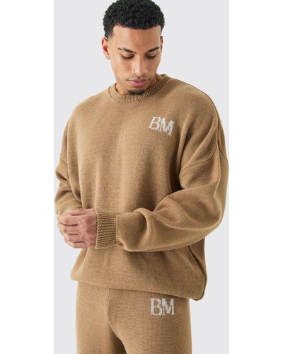 BoohooMAN Oversized Drop Shoulder Branded Sweater - Natural