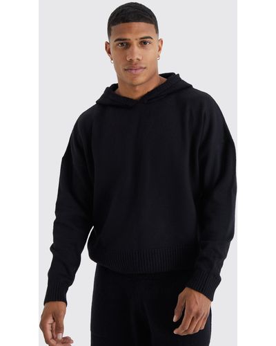 BoohooMAN Boxy Brushed Knitted Hoodie in Gray for Men