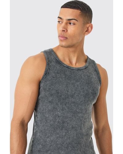 BoohooMAN Muscle Fit Acid Wash Ribbed Vest - Grey