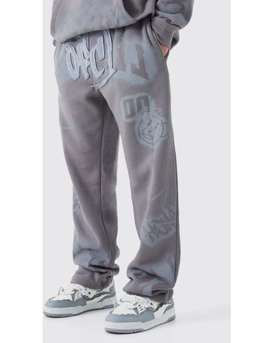 BoohooMAN Relaxed Graffiti Applique Sweatpants - Gray