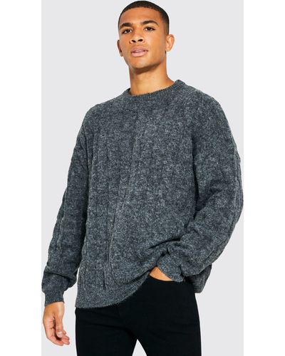 BoohooMAN Oversized Cable Brushed Yarn Knitted Sweater - Gray