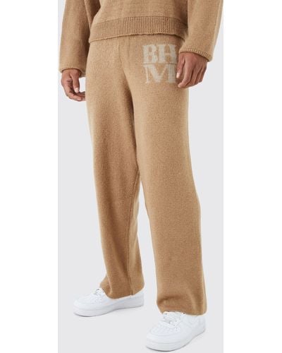 BoohooMAN Wide Leg Brushed Bhm Knitted Joggers - Natural