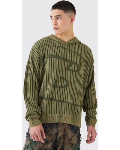 BoohooMAN Oversized Boxy Branded Knitted Hoodie - Green