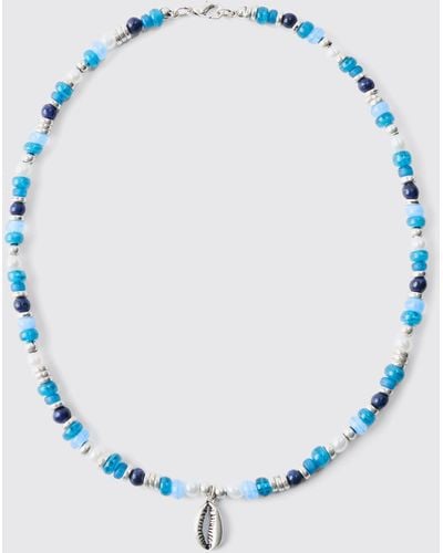 Boohoo Beaded Shell Necklace In Blue