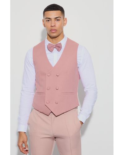 BoohooMAN Textured Double Breasted Waistcoat - Pink