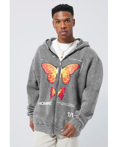BoohooMAN Oversized Washed Graphic Zip Through Hoodie - Grey