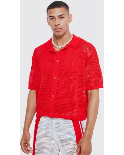 BoohooMAN Short Sleeve Boxy Open Stitch Varsity Knit Shirt - Red