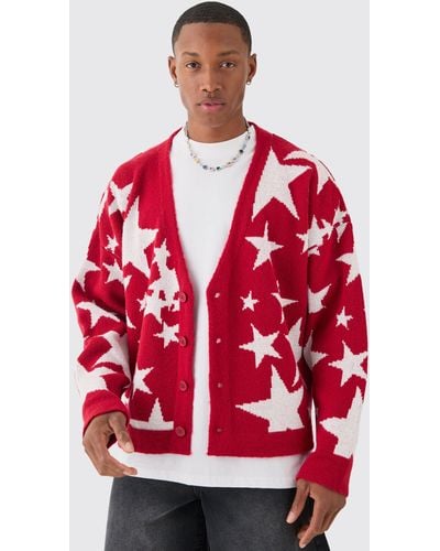 BoohooMAN Boxy Oversized Brushed Star All Over Jacquard Cardigan - Red