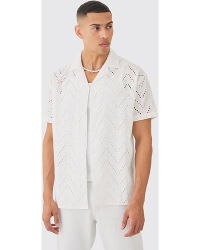 BoohooMAN Oversized Broderie Shirt - White