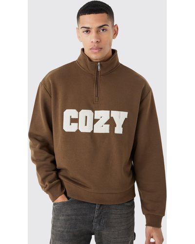 BoohooMAN Oversized Boxy 1/4 Zip Borg Applique Sweatshirt - Brown