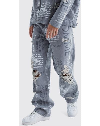 BoohooMAN Baggy Rigid All Over Distressed Jeans - Blue