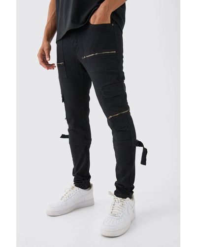 BoohooMAN Skinny Stretch Zip Multi Strap Cargo Pants - Black