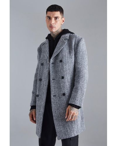 BoohooMAN Mantel aus Wollmischung mit Fischgrätmuster - Schwarz