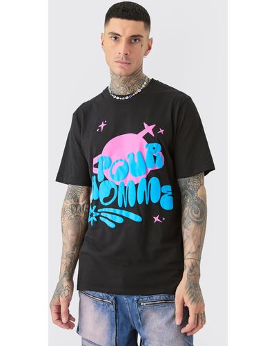BoohooMAN Tall Space Pour Homme Puff Print T-shirt In Black - Blue