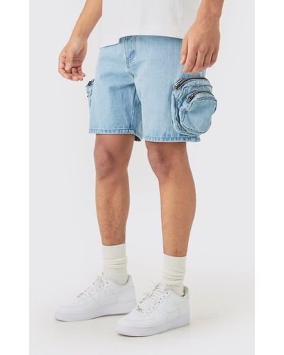 BoohooMAN Slim Fit 3d Cargo Pocket Denim Shorts In Light Blue
