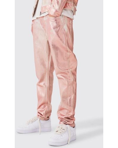 BoohooMAN Slim-Fit Jeans mit Metallic-Print - Pink