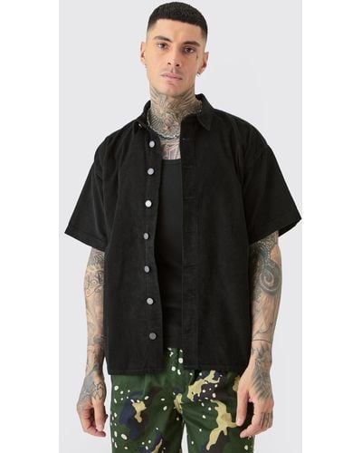 BoohooMAN Tall Boxy Fit Cord Shirt - Black