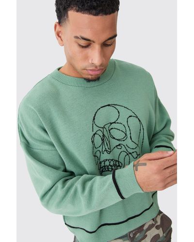 BoohooMAN Oversized Boxy Line Drawing Contrast Stitch Sweater - Green