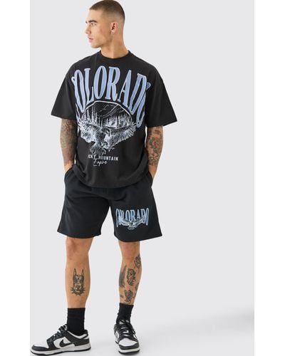 BoohooMAN Oversized Extended Neck Colorado Large Graphic Shorts Set - Blue