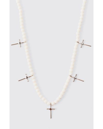 BoohooMAN Pearl Cross Pendant Necklace In White