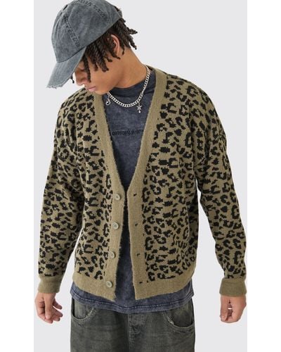 BoohooMAN Boxy Oversized Brushed Leopard All Over Jacquard Cardigan - Green