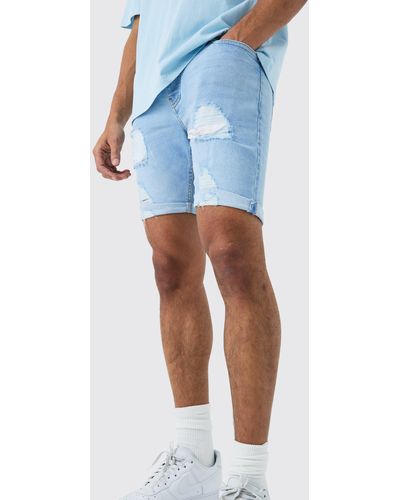 BoohooMAN Skinny Stretch Distressed Denim Shorts In Light Blue